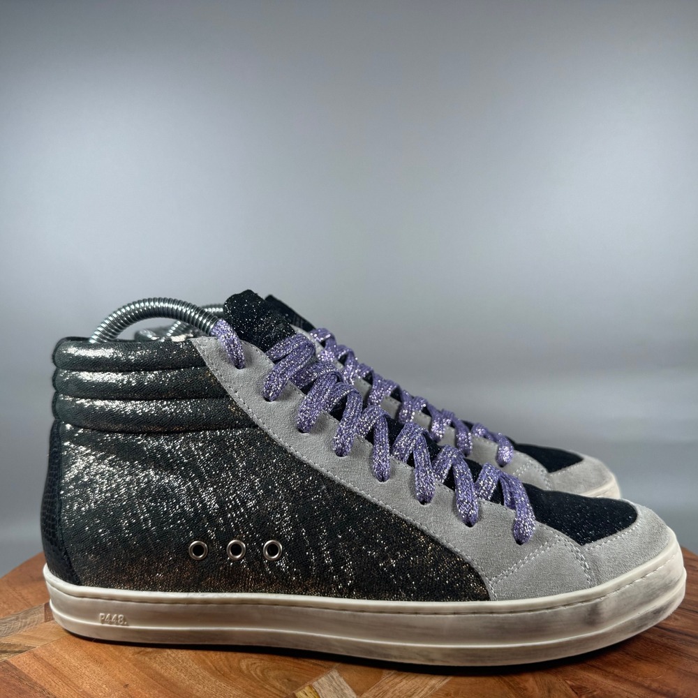 P448‎ Skate High Top Sneakers Black Silver Glitter Suede Purple Laces Size 39